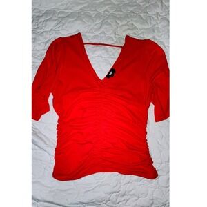 DKNY Women's Red Ruched V Neck 3/4 Sleeve‎ Top Size M